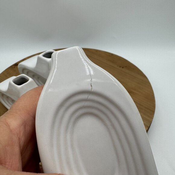 3 Vintage MCM Art Deco Oval Repeating Ring Bud Vases Marked Bottom White *READ* - Picture 8 of 16